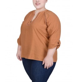 Plus Size Raglan Sleeve Split Neck Blouse Brown $14.02 Tops