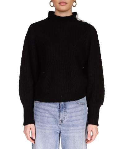 Women's Mock Neck Embellished-Shoulder Sweater Black $34.19 Sweaters