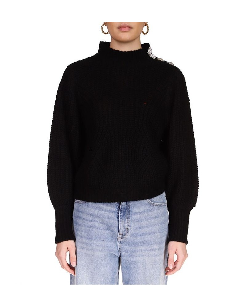 Women's Mock Neck Embellished-Shoulder Sweater Black $34.19 Sweaters