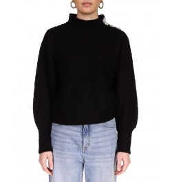 Women's Mock Neck Embellished-Shoulder Sweater Black $34.19 Sweaters