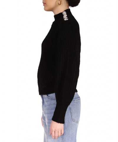 Women's Mock Neck Embellished-Shoulder Sweater Black $34.19 Sweaters