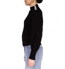 Women's Mock Neck Embellished-Shoulder Sweater Black $34.19 Sweaters