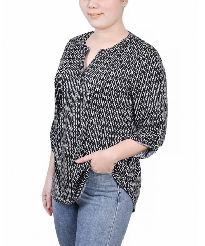 Petite 3/4 Roll Tab Sleeve Y-neck Top Black, White Justin $14.72 Tops