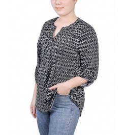 Petite 3/4 Roll Tab Sleeve Y-neck Top Black, White Justin $14.72 Tops