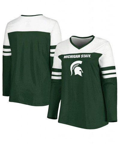 Women's Green Michigan State Spartans Plus Size Long Sleeve Stripe V-Neck T-shirt Green $28.59 Tops