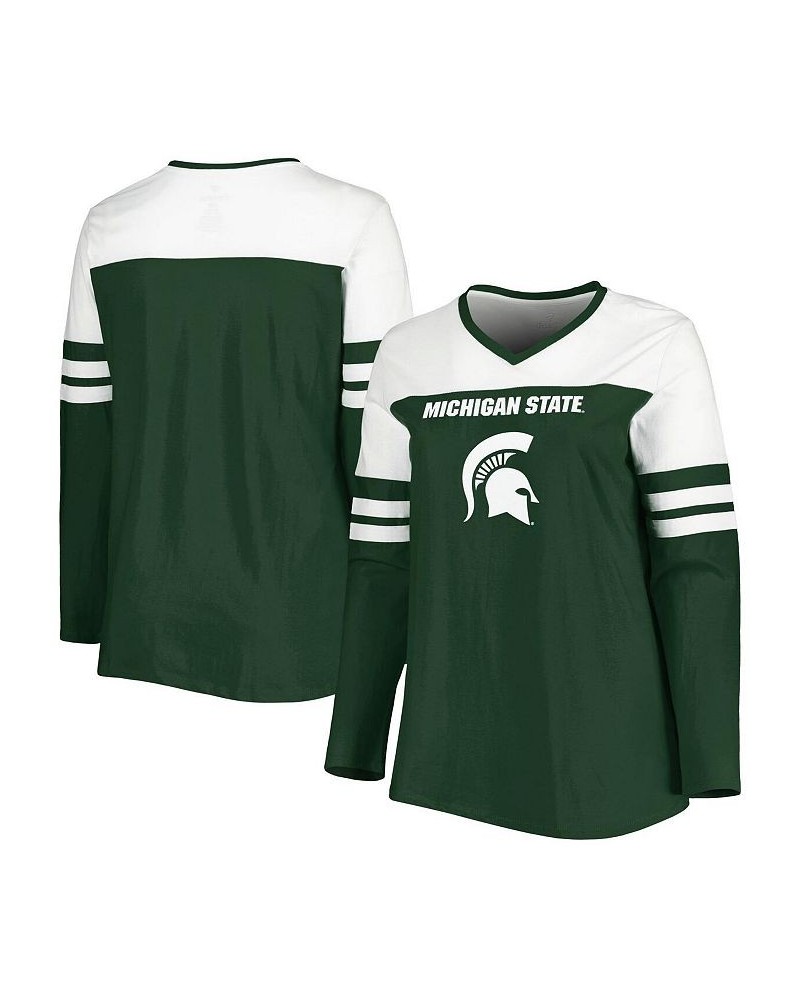 Women's Green Michigan State Spartans Plus Size Long Sleeve Stripe V-Neck T-shirt Green $28.59 Tops