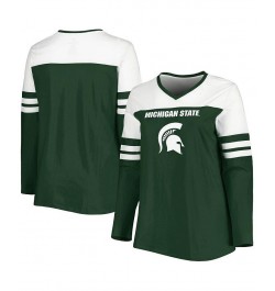 Women's Green Michigan State Spartans Plus Size Long Sleeve Stripe V-Neck T-shirt Green $28.59 Tops