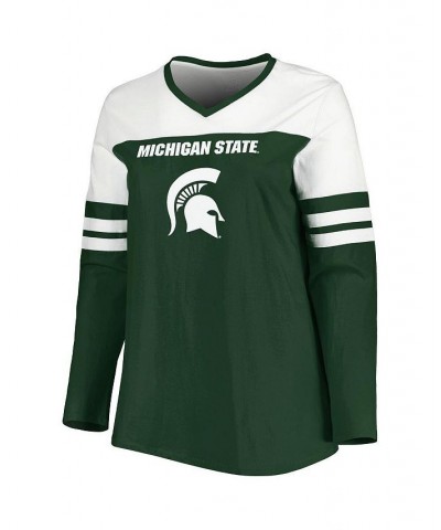 Women's Green Michigan State Spartans Plus Size Long Sleeve Stripe V-Neck T-shirt Green $28.59 Tops