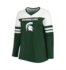 Women's Green Michigan State Spartans Plus Size Long Sleeve Stripe V-Neck T-shirt Green $28.59 Tops