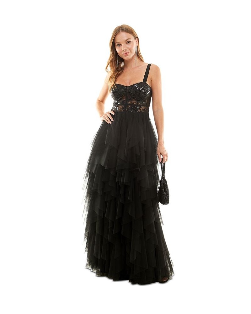 Juniors' Sequined Lace Tiered Bustier Gown Black $77.33 Dresses