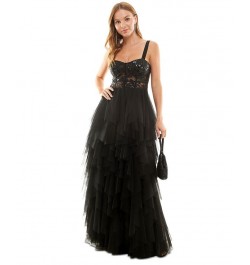 Juniors' Sequined Lace Tiered Bustier Gown Black $77.33 Dresses