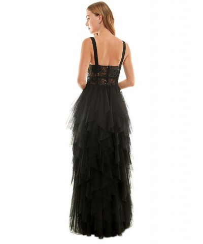 Juniors' Sequined Lace Tiered Bustier Gown Black $77.33 Dresses