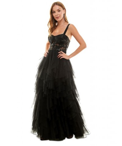 Juniors' Sequined Lace Tiered Bustier Gown Black $77.33 Dresses