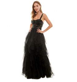 Juniors' Sequined Lace Tiered Bustier Gown Black $77.33 Dresses