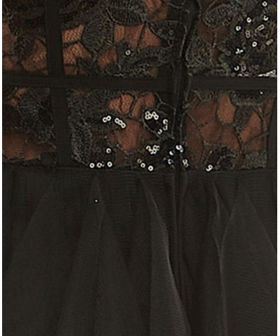 Juniors' Sequined Lace Tiered Bustier Gown Black $77.33 Dresses