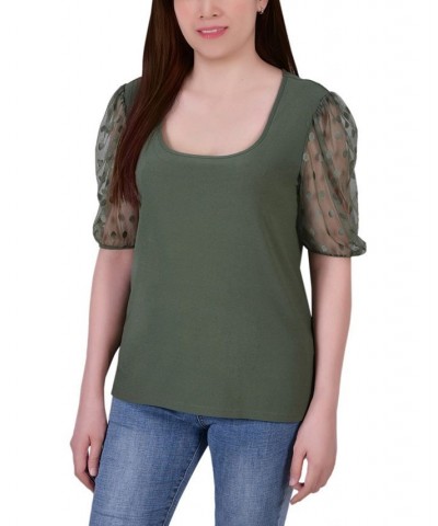 Petite Mesh Dot Elbow Sleeve Crepe Top Green $15.50 Tops