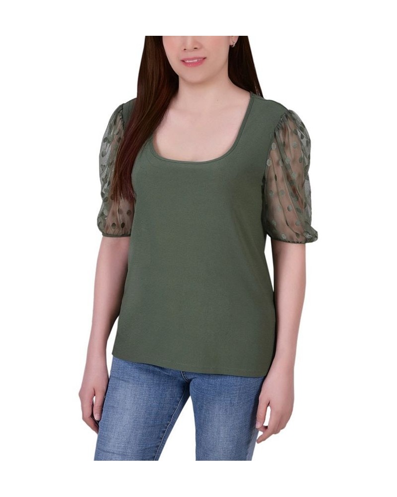 Petite Mesh Dot Elbow Sleeve Crepe Top Green $15.50 Tops