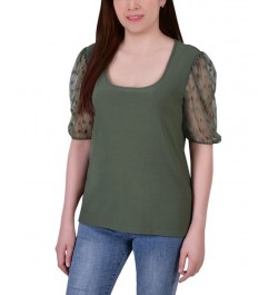 Petite Mesh Dot Elbow Sleeve Crepe Top Green $15.50 Tops