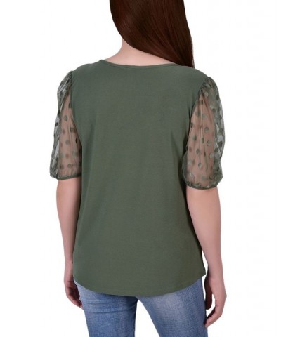 Petite Mesh Dot Elbow Sleeve Crepe Top Green $15.50 Tops