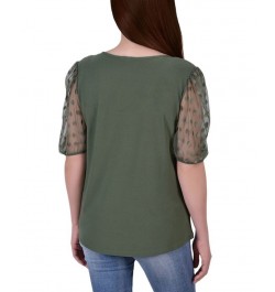 Petite Mesh Dot Elbow Sleeve Crepe Top Green $15.50 Tops