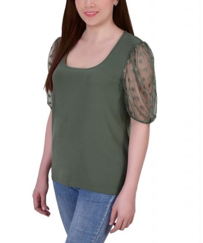 Petite Mesh Dot Elbow Sleeve Crepe Top Green $15.50 Tops