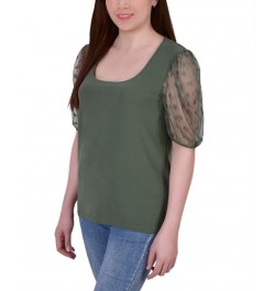 Petite Mesh Dot Elbow Sleeve Crepe Top Green $15.50 Tops