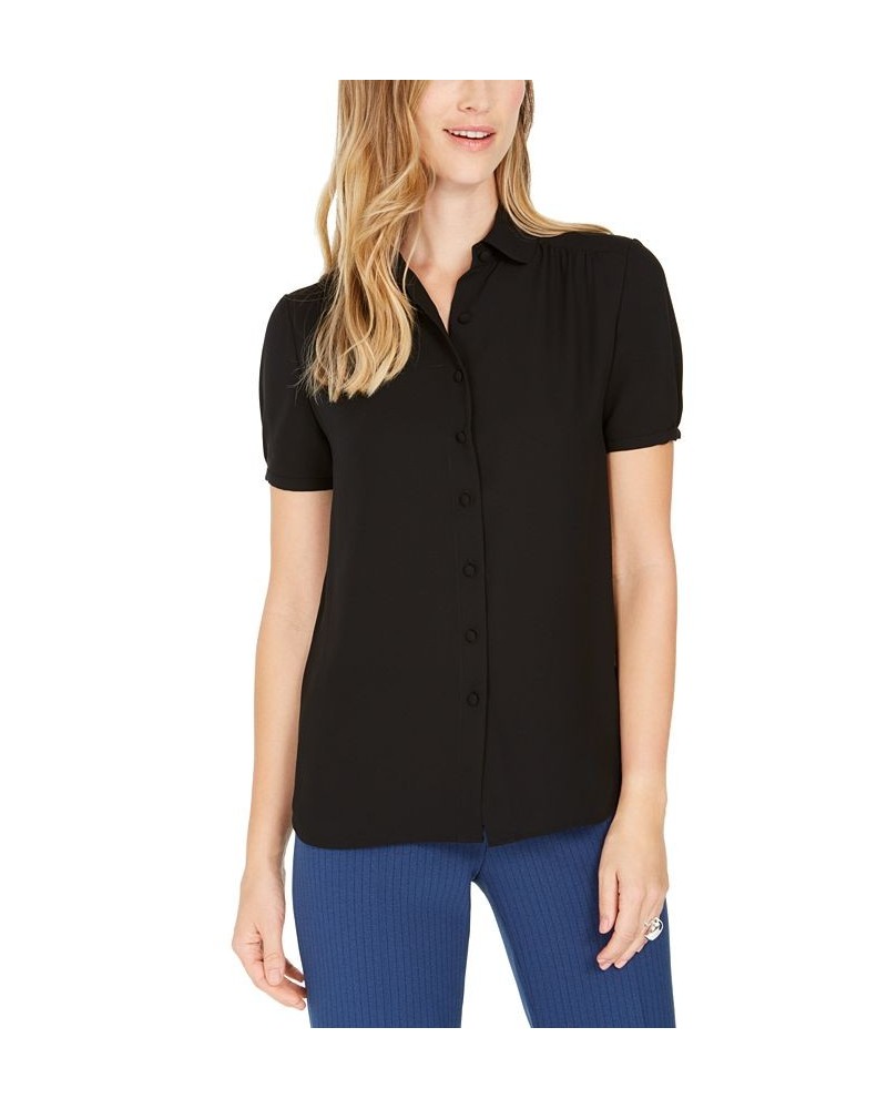 Cap-Sleeve Button-Up Blouse Anne Black $40.05 Tops