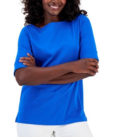 Cotton Boat-Neck Top Intrepid Blue $11.99 Tops
