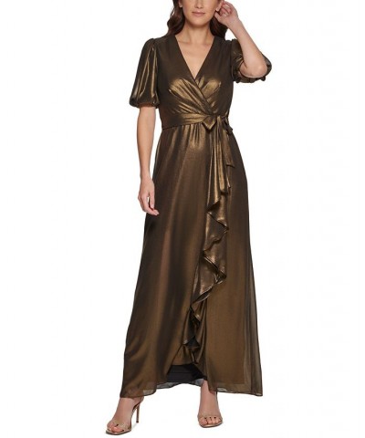 Women's V-Neck Metallic Faux-Wrap Short-Sleeve Gown Black Gold $50.77 Dresses