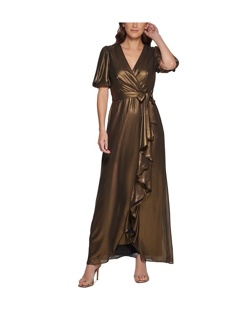 Women's V-Neck Metallic Faux-Wrap Short-Sleeve Gown Black Gold $50.77 Dresses