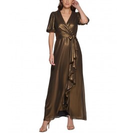 Women's V-Neck Metallic Faux-Wrap Short-Sleeve Gown Black Gold $50.77 Dresses