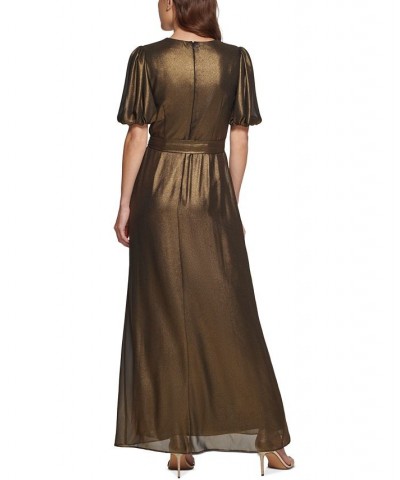 Women's V-Neck Metallic Faux-Wrap Short-Sleeve Gown Black Gold $50.77 Dresses