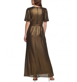 Women's V-Neck Metallic Faux-Wrap Short-Sleeve Gown Black Gold $50.77 Dresses