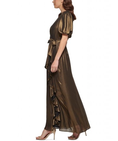 Women's V-Neck Metallic Faux-Wrap Short-Sleeve Gown Black Gold $50.77 Dresses