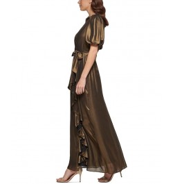 Women's V-Neck Metallic Faux-Wrap Short-Sleeve Gown Black Gold $50.77 Dresses