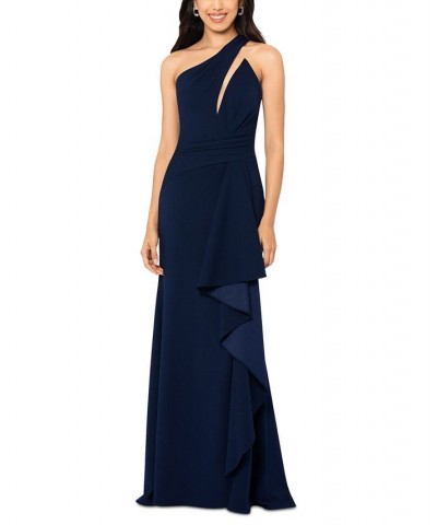 Petite Cutout One-Shoulder Ruffled Gown Navy $119.97 Dresses