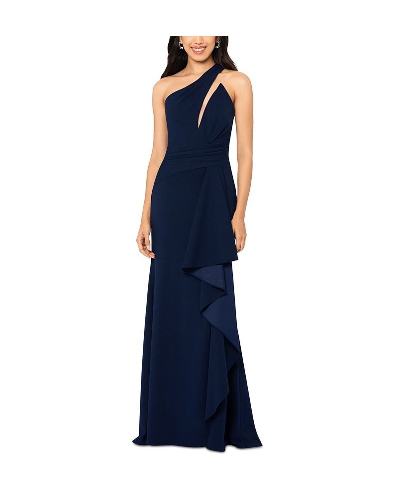 Petite Cutout One-Shoulder Ruffled Gown Navy $119.97 Dresses