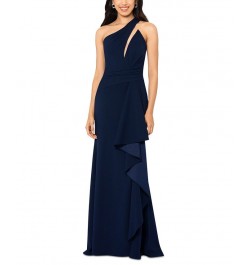 Petite Cutout One-Shoulder Ruffled Gown Navy $119.97 Dresses