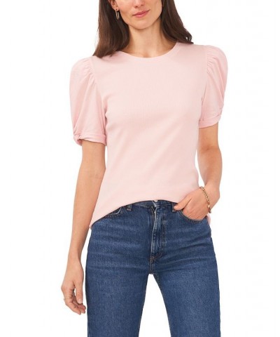 Women's Puff Sleeve Short Sleeve Knit T-shirt Peach Skin $35.40 Tops