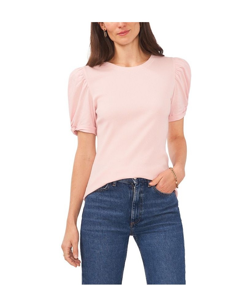 Women's Puff Sleeve Short Sleeve Knit T-shirt Peach Skin $35.40 Tops