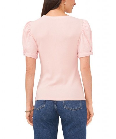 Women's Puff Sleeve Short Sleeve Knit T-shirt Peach Skin $35.40 Tops