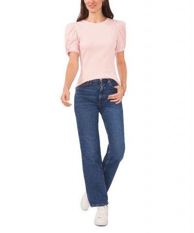 Women's Puff Sleeve Short Sleeve Knit T-shirt Peach Skin $35.40 Tops