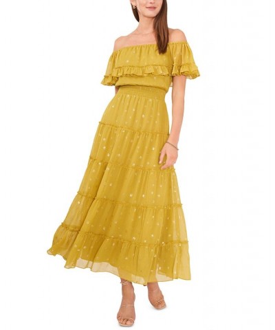 Women's Foiled Tiered Off-The-Shoulder Maxi Dress Avocado $40.20 Dresses