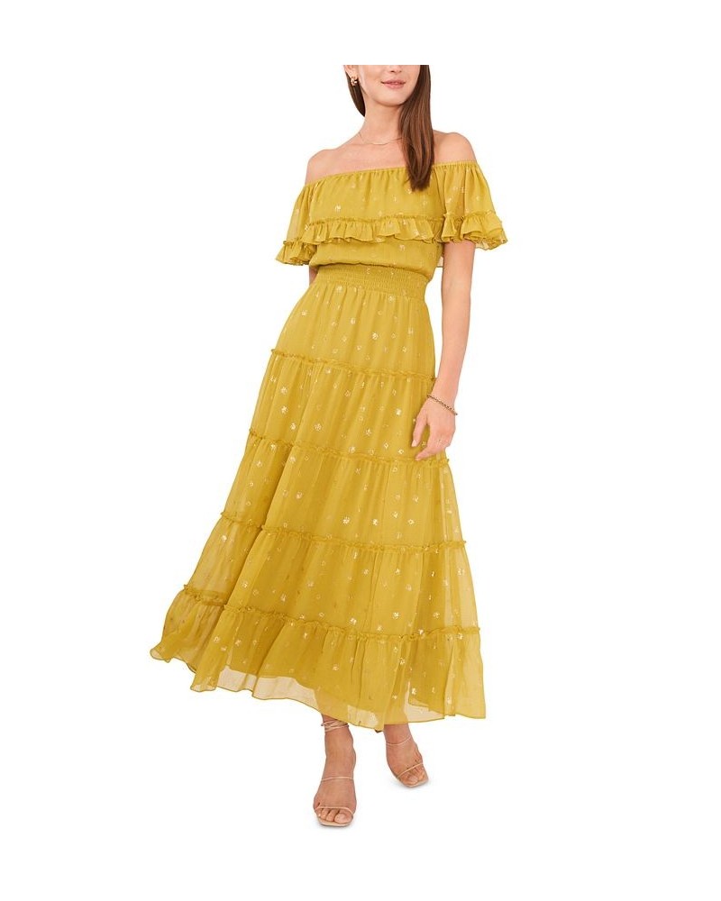 Women's Foiled Tiered Off-The-Shoulder Maxi Dress Avocado $40.20 Dresses