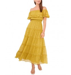 Women's Foiled Tiered Off-The-Shoulder Maxi Dress Avocado $40.20 Dresses