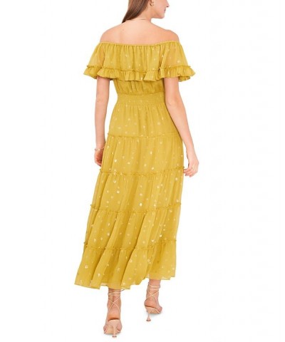 Women's Foiled Tiered Off-The-Shoulder Maxi Dress Avocado $40.20 Dresses