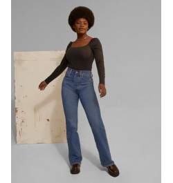 Women's Ex-Boyfriend Trucker Jacket Moon Ribbed Turtleneck & Ribcage Bootcut Denim Jeans Summer Slide $13.20 Jeans