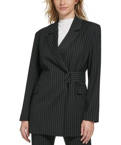 Women's Pinstripe Belted Jacket Black/White $45.67 Jackets