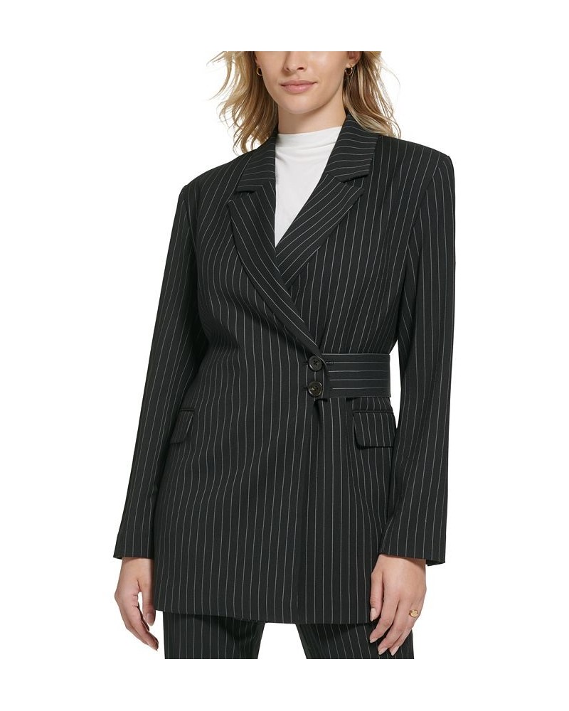 Women's Pinstripe Belted Jacket Black/White $45.67 Jackets