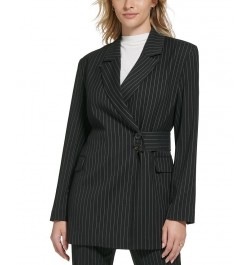 Women's Pinstripe Belted Jacket Black/White $45.67 Jackets